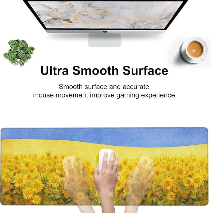 Field of Sunflowers Desk Mat,Large Sunflower Oil Painting Gaming Keyboard Mouse Pad,Non-Slip Rubber Base Desk Pad Thick Stitched Edges Waterproof Mousepad Mouse Mat 31.5"x11.8"