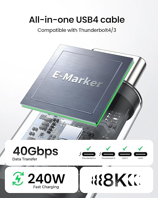 Silkland USB 4 Cable for Thunderbolt 4 Cable 1FT, 40Gbps USB C Data Cable, 240W PD 3.1 Fast Charging, 8K/5K@60Hz, Short USB C Thunderbolt Cable, Compatible for SSD, MacBook, Docking, Hub, iPhone 16/15