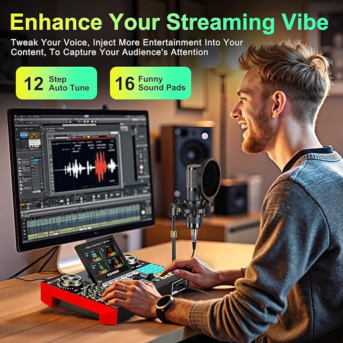 Podcast Microphone Bundle with Live Sound Board Audio Mixer, Podcast Equipment Bundle with 3.5mm Condenser Microphone(P15) for Pc/Phone Live Streaming Singing Gaming, Voice Changer, Denoise