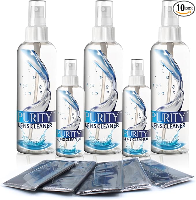 Purity Eyeglass Cleaner Mega Pack - Multi-Size Lens Cleaner Kit - 2x2oz, 3x8oz Bottles + 5 Black Premium Microfiber Cloths - Safe for All Lenses, Eyeglasses, and Screens - Streak-Free Formula