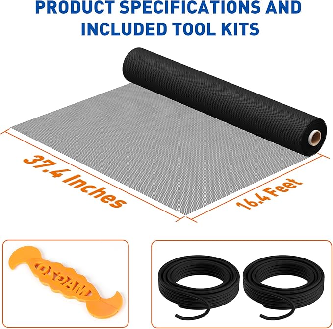 MAGZO Pet Proof Window Screen Replacement Mesh Roll, 37.4in × 16.4ft Upgraded Thicker 360g/m² Heavy Duty Polyester Screen Mesh for Dog Cat Protector, Ideal for Patio Porch Sliding Repair Kit 14x11Mesh