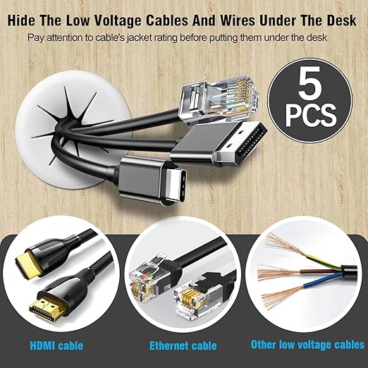 2" White Desk Grommet, JTemgle Flexible Cable Grommet Rubber Cable Hole Cover Wire Organizer Caps Desktop Cord Management for Home Office TV Stands Tabletops, 5 Pieces