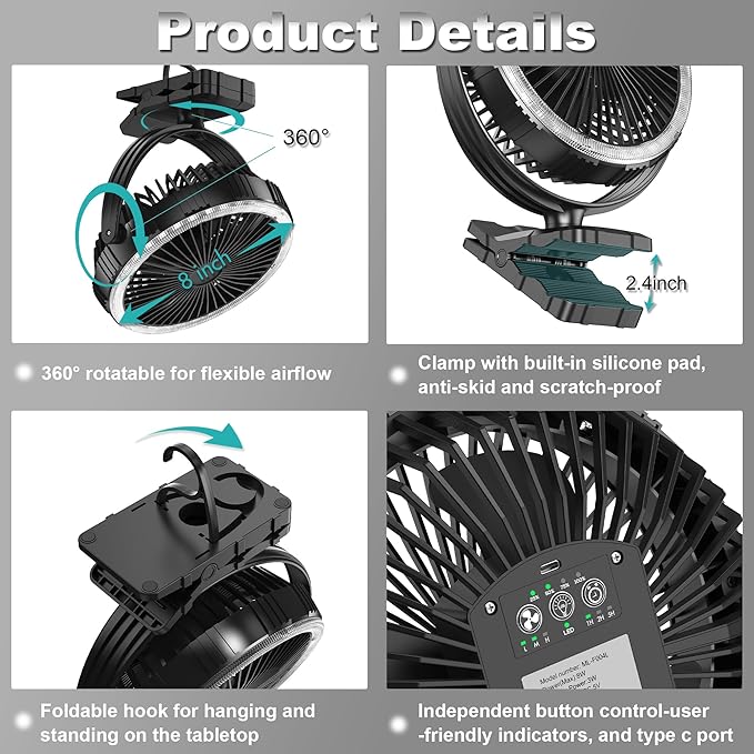 8-Inch Portable Camping Fan with Light, 10000mAh Rechargeable Battery Operated, 3 Speeds Cordless Clip on Table Fan with Hook & Light for Golf Cart Camping Tent Travel Jobsite Hurricane Power Outage