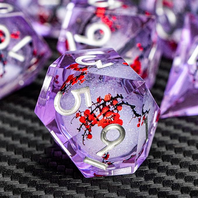 ARUOHHA DND Resin Dice Plum Blossom Liquid Core Silver Purple Sharp Edged Polyhedral Dragons Dice Set with Gift Box, Dungeons D and D Dice Compatible with D&D Role Playing Game D20 D12 D8 D6 D4
