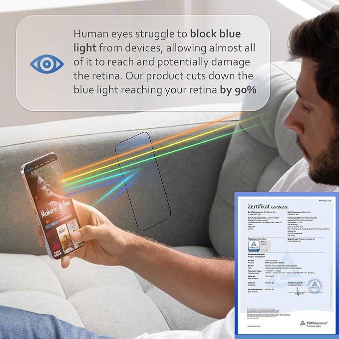 Deppa |2 Pack| Anti-Blue Light Screen Protector for iPhone 15 Pro (6.1') | Scratch Resistant Tempered Glass | 3D Edge to Edge Coverage | Easy Installation Kit | Eye Safeguard TÜV Certified