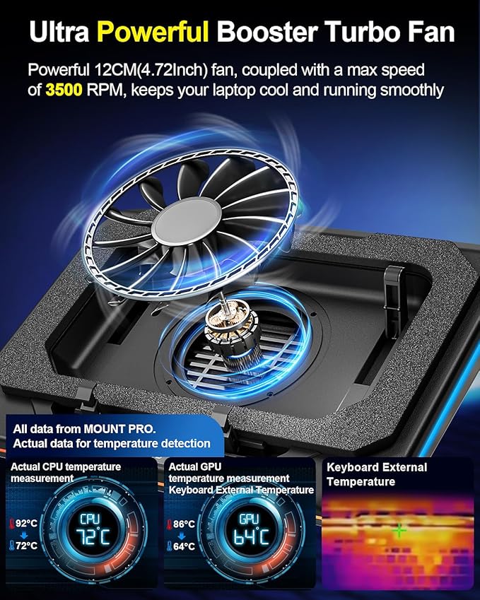 MOUNT PRO Gaming Laptop Cooling Pad, RGB Laptop Cooler Stand with Powerful Turbofan (3500 RPM), Height Adjustable Laptop Fan Cooling Pad for 13-19 Inches Notebook, with Sealed Foam, Touch Control