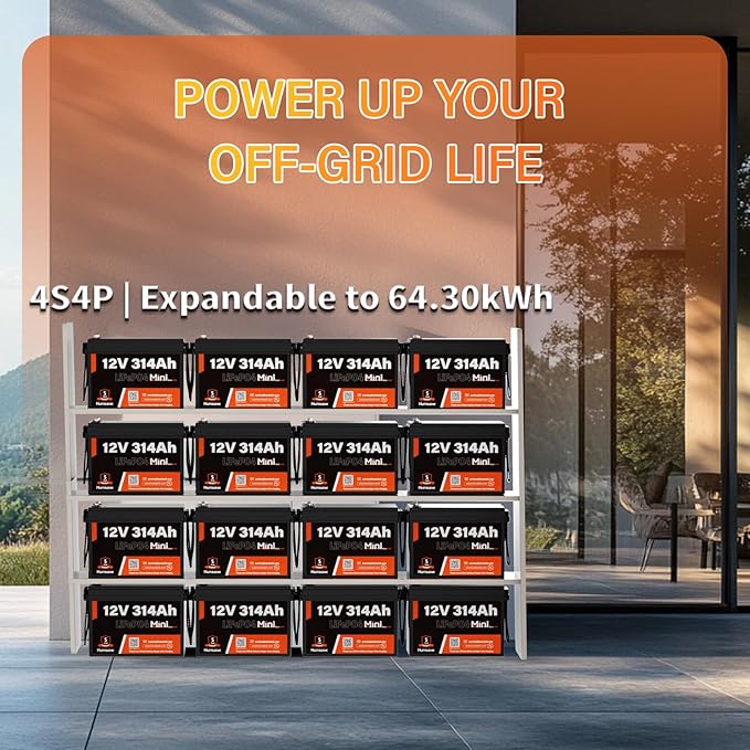 12V 300Ah (314Ah) LiFePO4 Lithium Battery Bluetooth MINI, Max. 4190Wh Energy, EV A+ Cells, Built-in 100A BMS, 15000 Deep Cycles Batterys for RV, Marine, Solar