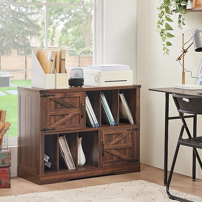 Large Record Player Stand with Vinyl Storage Up to 450 Albums, 39 Inch Farmhouse Brown Walnut Storage Cabinet with Barn Doors, Wood Vintage Mid-Century Turntable Stand for Bedroom, Living Room