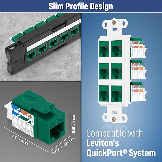 Everest 45° Angled RJ45 Cat6A Keystone Jacks 10-Pack in Green - Slim Profile Female RJ45 Connectors - Cat 6A Keystone Jack - Compatible with 45° Angled Speed Termination Tool - 45Term (B0BL3GS7ZY)