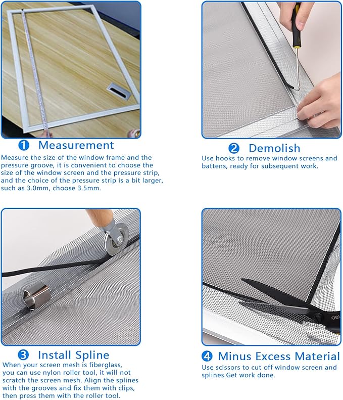 BAYTORY Window Screen Repair Kit, Steel Roller Tool with Bearing, Spline Removal Hook, 32ft Retainer Spline and 8Pcs Screen Clips Replacement for Installing Door Mesh Screens