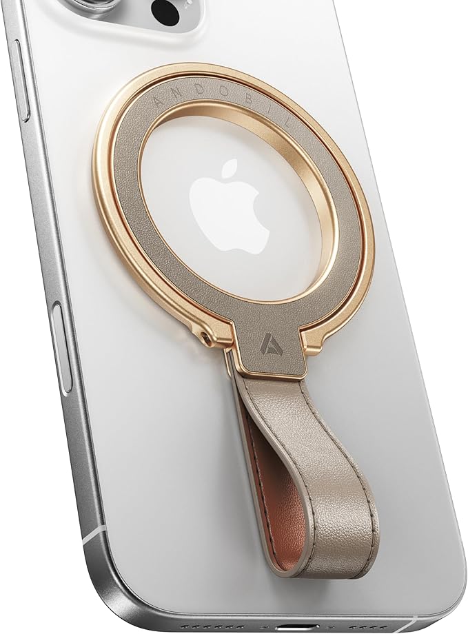 andobil[2025 Premium Leather]Magnetic Phone Grip for MagSafe[Unrivaled Stability]Adjustable Phone Ring Kickstand with Leather Loop Compatible with MagSafe Accessories&iPhone 16 Pro Max/15/14/13,Greige