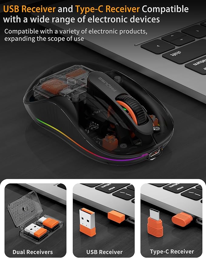 Bluetooth Wireless Mouse, Transparent RGB Tri-Modes Mouse,Bluetooth & 2.4GHz for Multi Device, USB-C Receiver Ideal for MacBook/Laptops, Rechargeable, Silent, Portable, Cool LED, Ergonomic - Black