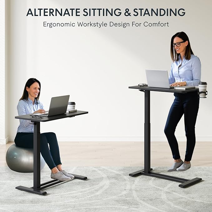 FLEXISPOT Mobile Standing Desk with Wheels Pneumatic Laptop Desk Rolling Computer Cart Movable Height Adjustable Small Sit Stand Desk Computer Workstations Home Use（27.6" W x 15.7" D, Black