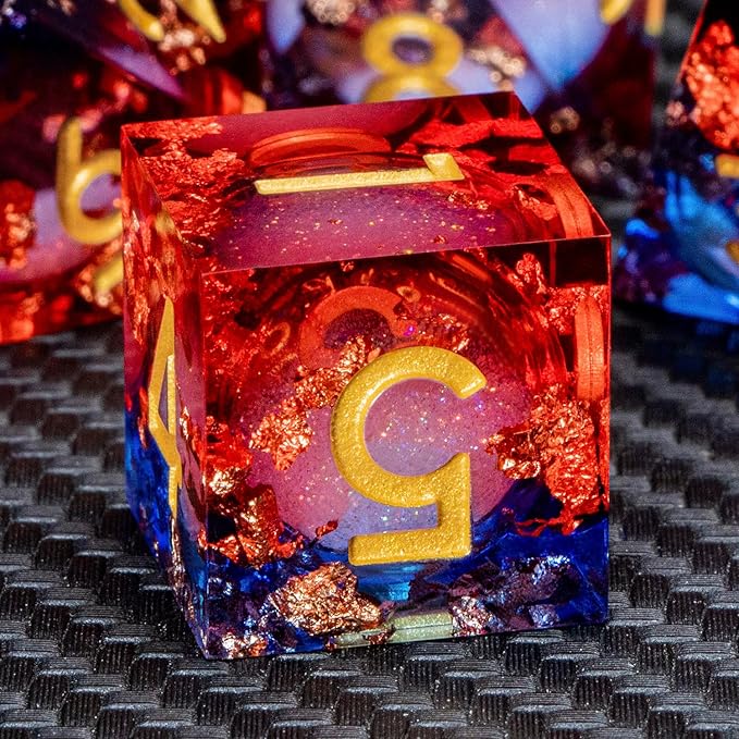 ARUOHHA Liquid Core DND Dice Set, 7pcs Resin Sharp Edged Dragons Dice Compatible with D&D Role Playing Games, RPG Golden Numbers Blue Red Dungeons Polyhedral D and D Dice with Gift Box D20 D10 D6