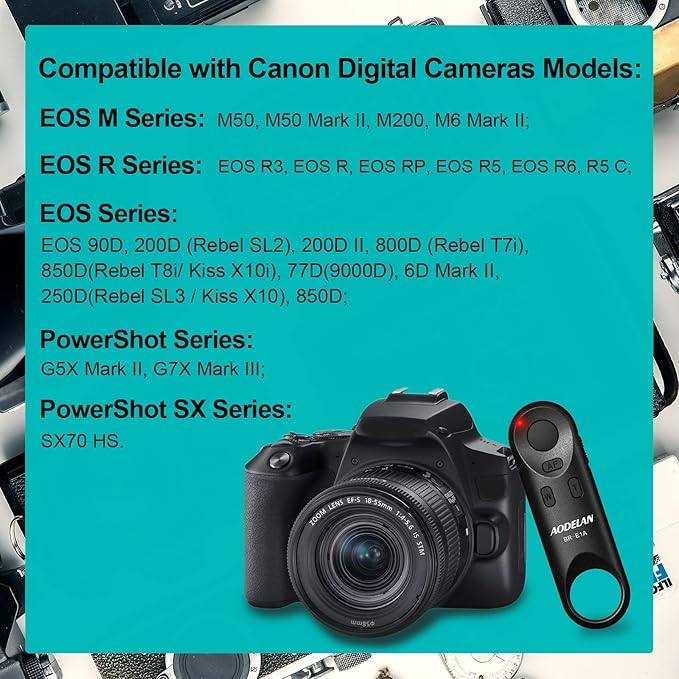 Wireless Camera Remote Shutter Release for Canon R3/ R7/ R10/ M50/ EOS M6 Mark II/R/RP /90D /6D Mark II /R5/ R6 /800D /850D /250D/Rebel SL2 /T7i /G5 X Mark II /G7 X Mark III, Replace Canon BR-E1