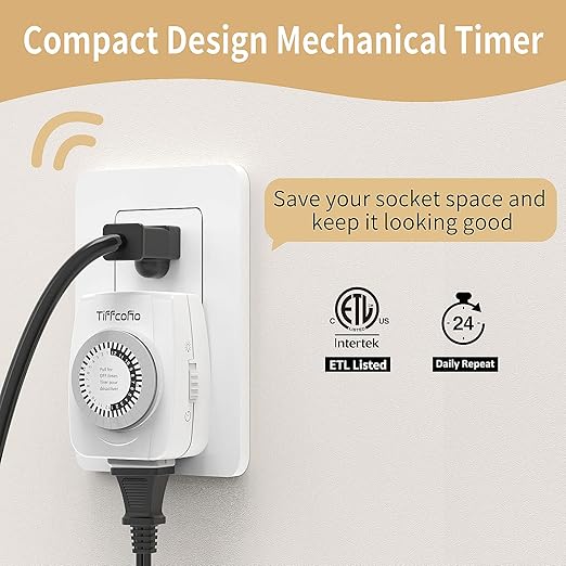 TiFFCOFiO Indoor Mechanical Timers for Electrical Outlets, 2 Prong Plug in Outlet Daily Repeating Light Timer for Indoor Lights, ETL Listed (1 Pack)