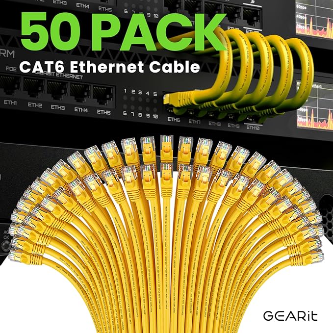 GEARit Cat 6 Ethernet Cable (50-Pack 1 Foot) Cat6 Network Patch, 10Gbps, RJ45, Snagless Cord, Gold-Plated Connectors, Internet for PC, TV, Tablet, Router, Printer, Servers, IT Data Center - Yellow