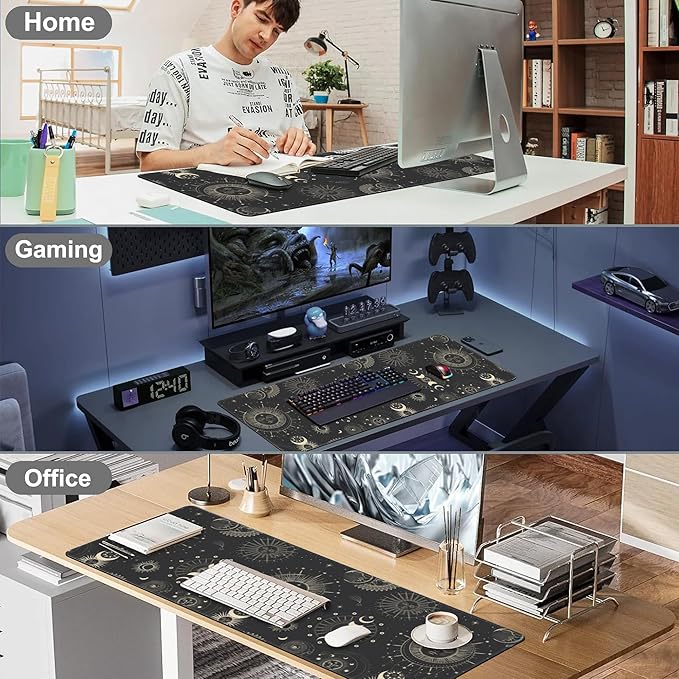 Phase of The Moon Desk Mat,Large Moon Phase Changes Gaming Keyboard Mouse Pad,Non-Slip Rubber Base Desk Pad Thick Stitched Edges Waterproof Mousepad Mouse Mat 31.5"x11.8"