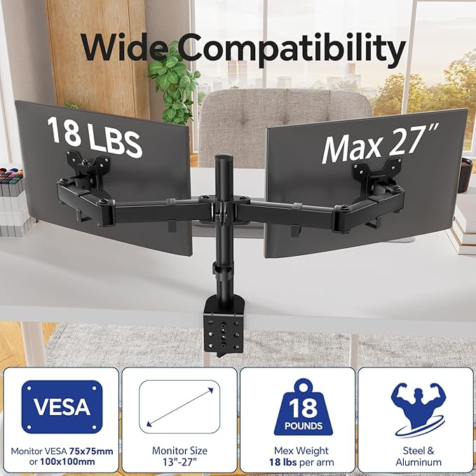 Simple Trending Dual Monitor Stand, Monitor Arm, Heavy Duty Adjustable Monitor Desk Mount for 2 Screens up to 27 Inches, Black