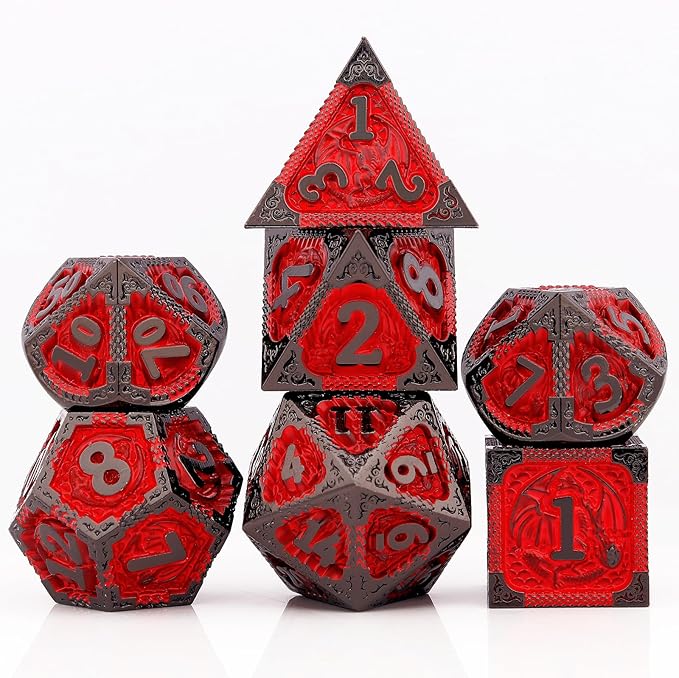 PJOY Metal DND Dice Set D&D Dragon Dice Black Red with Metal Case D and D Dice for Dungeons and Dragons TTRPG Gifts