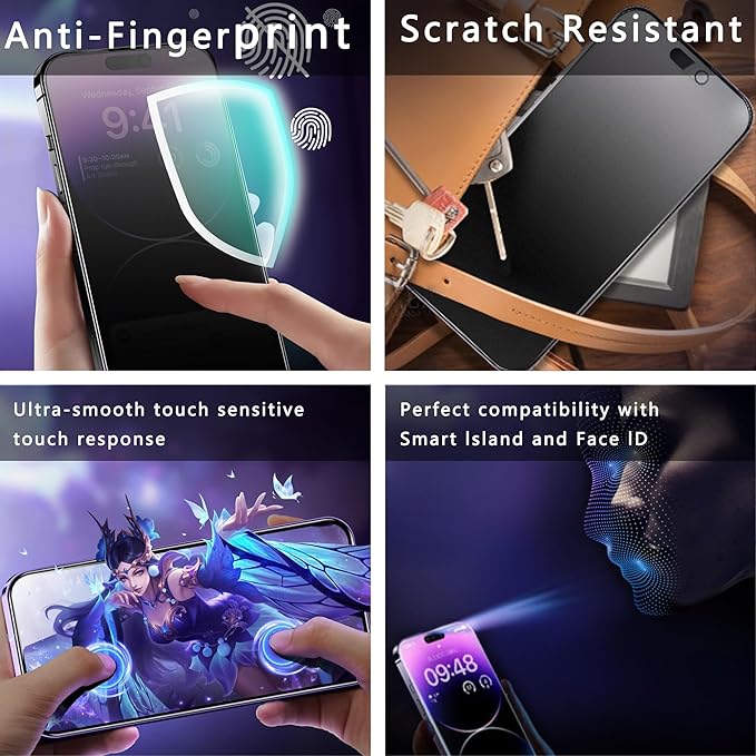 2 Pack Matte Privacy Screen Protector for iPhone 14 Pro/iPhone 15 / iPhone 16, 9H Tempered Glass, Full Coverage, Anti-Fingerprint, Auto Dust-Elimination, No Bubble, Easy Installation