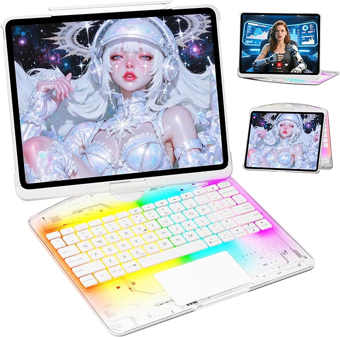 KITONE Transparent Case with Wireless Keyboard for iPad 11th Gen 11-in.(A16, 2025), 2022 iPad 10th Gen 10.9-in, 7 Colors Backlight, Trackpad, 360°Rotating Stand, Tech Style