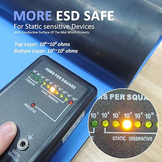 KooMall 24 x 16 Inch ESD Rubber Mat Kits, Anti Static Table Floor Pad for Electronic Device Repair Solder Assembly PC Building, W/H Grounding Kit- Antistatic Wrist Straps Bracelets Cord Plugs, Blue