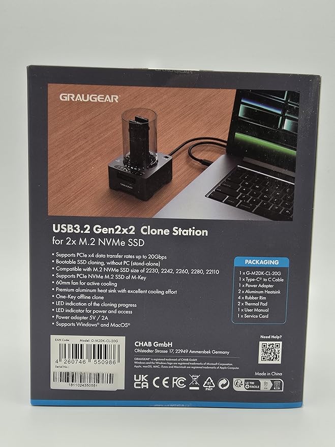 GRAUGEAR NVMe M.2 SSD Duplicator Dual-Bay Offline Clone Tool-Free, 20Gbps USB C to M.2 SSD Drive Cloner Docking Station Adapter Enclosure for M2 SSD Hard Drives M-Key