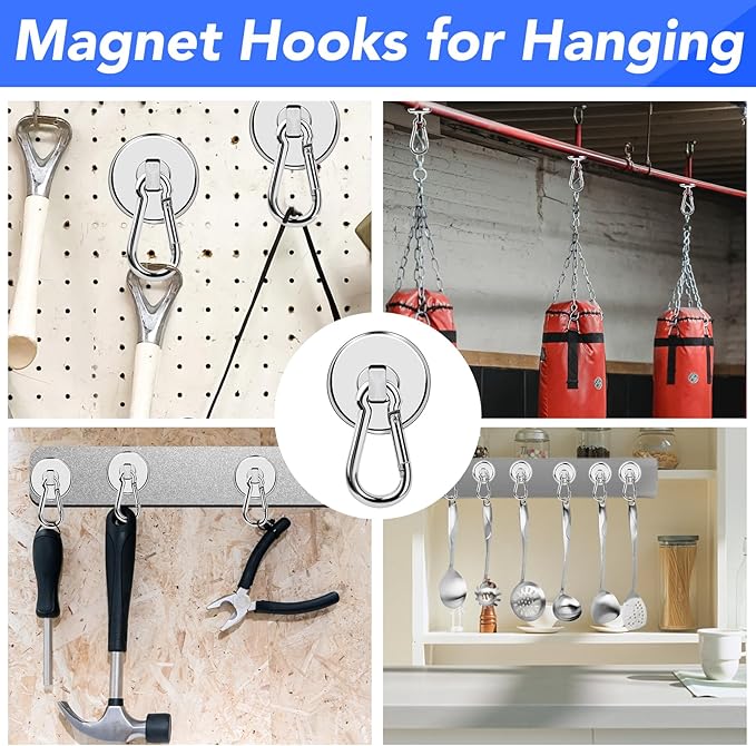 LOVIMAG Magnetic Hooks for Cruise Cabins, 70LBS Swivel Magnet Hooks, Cruise Must Haves with Swivel Carabiner Hook for Hanging, Strong Neodymium Magnets with Hook for Ceiling, Garage Etc-6 Pcs