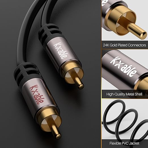 RCA Cable 15FT, 2RCA Male to 2RCA Male Stereo Audio Cable,【Oxygen-Free Copper, Hi-Fi Sound, Double Shielded】 2 RCA Car Audio Subwoofer Cord for Home Theater, HDTV, Amplifier, Hi-Fi System, Speaker