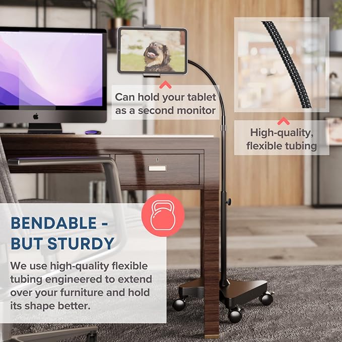 LEVO Adjustable Tablet & Phone Floor Stand with Multi-Axis Head, Hourglass Base & Locking Casters – Premium Rolling Gooseneck Mount, Stable Weighted Design, Fits Devices 4-13 Inch, Height 30-60 in