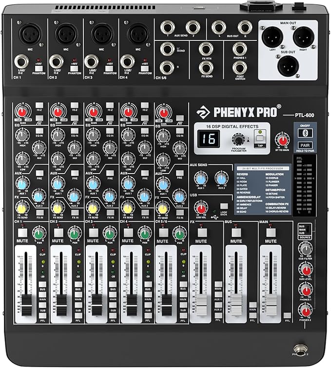 Professional 6-Channel Audio Mixer, Phenyx Pro DJ Sound Mixer Board w/Flexible AUX, BUS, SUB Routing, 16 DSP, BT Streaming & USB-B PC Recording, Mixing Console for Stage, Home Studio (PTL-600)