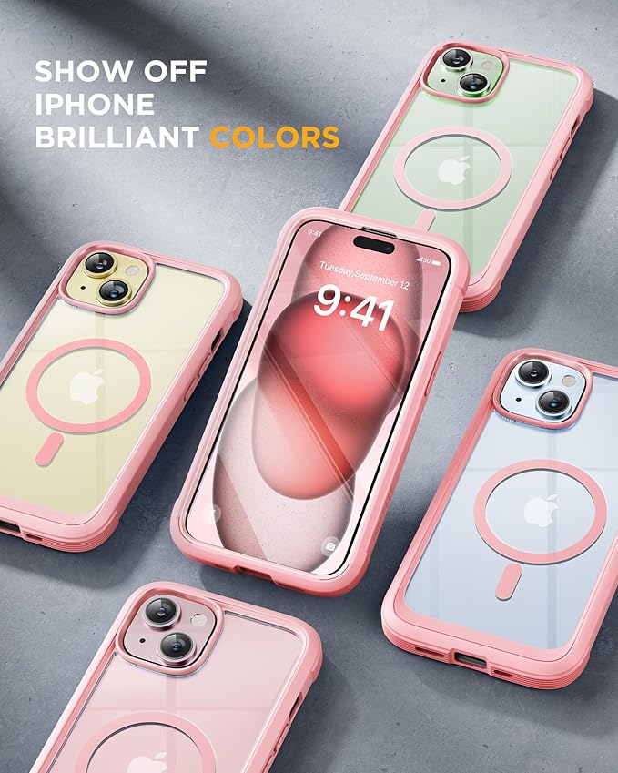 Miracase Glass Series for iPhone 15 Case [Compatible with MagSafe] Full-Body Magnetic Case with Built-in 9H Tempered Glass Anti-Fingerprint Screen Protector + Camera Lens Protector, Pink and Clear