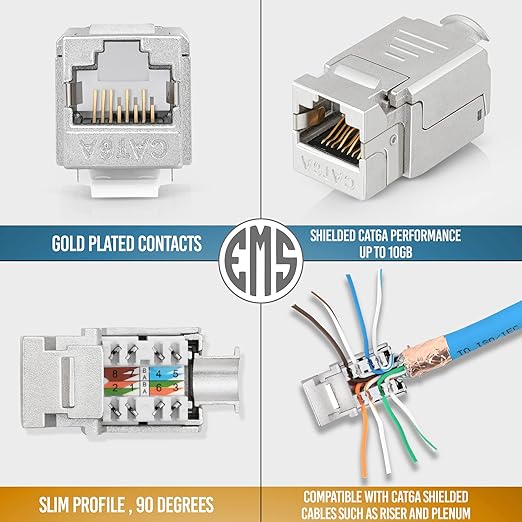 Everest Media Solutions RJ45 Shielded Keystone Jack - 24-Pack - Slim Profile, 90 Degrees, F/STP Female Connector - Tested for CAT5e, CAT6, CAT6A, CAT7 - up to 10GB Speed