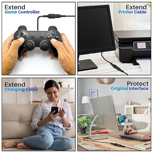 3 Pack USB Extension Cable 2 FT, Short USB 2.0 Type A Male to Female Extender Cord Adapter, Compatible with Printer, Keyboard, Mouse, Flash Drive, Hard Drive, Controller, Black Cable with 5 Cable Ties