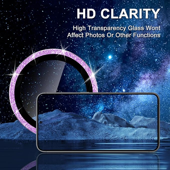 for Samsung Galaxy S25 Edge Camera Lens Protector, Individual Metal Ring Tempered Glass Lens Cover, [Strong Adsorption] Scratch Resistant Ultra-Thin HD Clear Lens Cover, 1 Set-Purple Sparkly