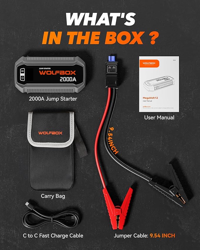 WOLFBOX 2000A Jump Starter, 12000mAh Battery Jumper Starter Portable with LED Display, 12V Car Battery Jump Starter Pack (7L Gas 6L Diesel Engine) with Booster, LED Light, Jumper Cables (NO Adapter)