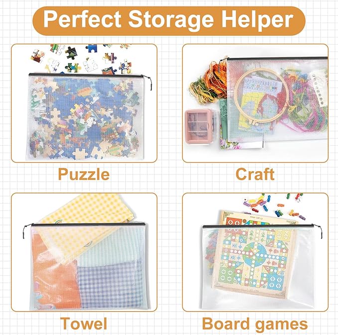 12pcs Mesh Zipper Pouch Puzzle Storage Bags A3 17x12 Inches Large File Bags Black Reusable Zipper Pouches for Organizing, Classroom Board Game Organization