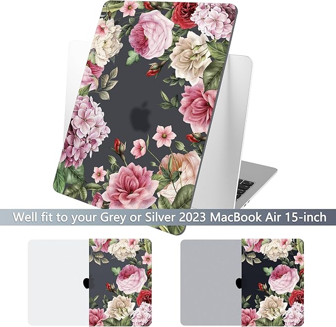 Batianda Premium Case for New MacBook Air 15 inch 2025 M4 2024 2023 with M3 M2 Chip Model A3241/A3114/A2941, Designed Protective Plastic Hardshell & Keyboard Cover & Screen Protector, Peony