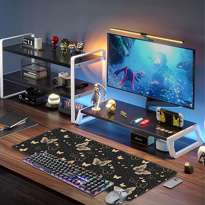 Golden Butterflies Desk Mat,Large Butterfly and Round Spots Gaming Keyboard Mouse Pad,Non-Slip Rubber Base Desk Pad Thick Stitched Edges Waterproof Mousepad Mouse Mat 31.5"x11.8"