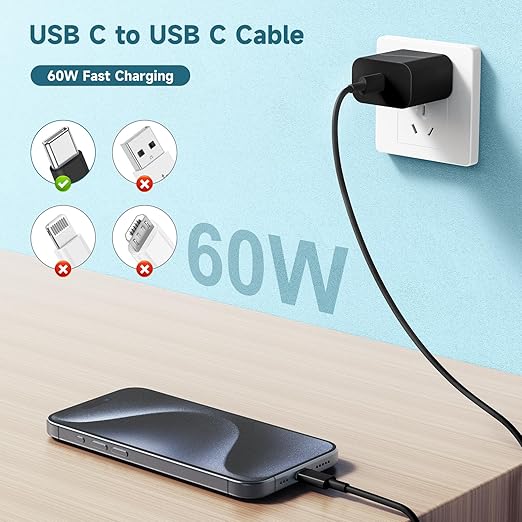 60W USB C to C Cable [3Pack] iPhone 15 Fast Charging Cable,3ft Short USB-C to USBC Power Cord for iPhone 16/15 Pro Plus Pro Max, MacBook Pro Air/IPad/iPad Pro 12.9/11,AirPods 4(Black)