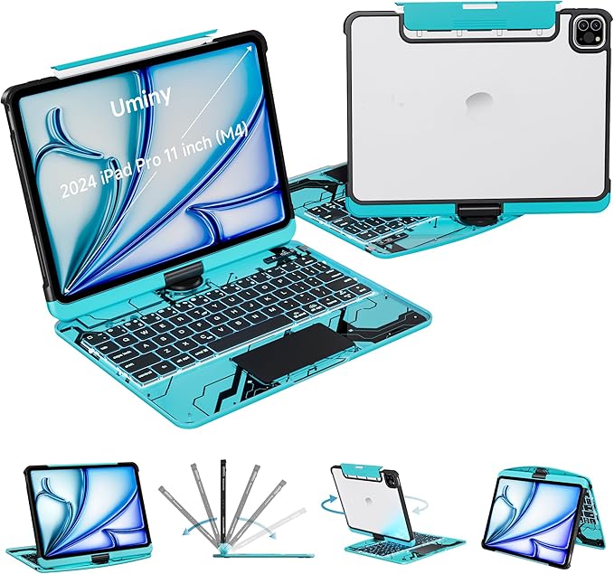 iPad Keyboard Case for 2024 M4 iPad Pro 11 inch, Magic Wireless Keyboard with Trackpad 7 Color Backlit, 360° Rotating Stand Transparent Protective Cover with Pencil Holder (Cyan)
