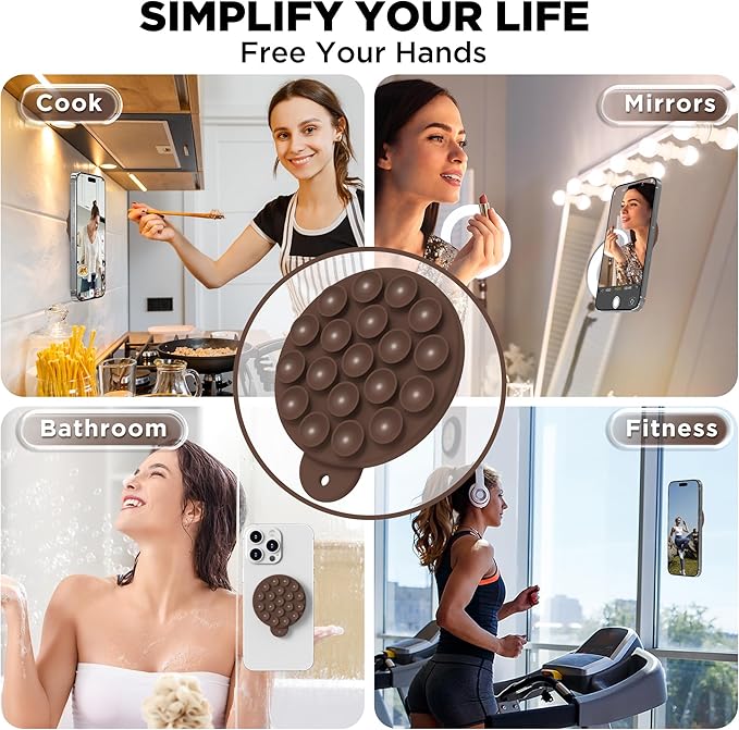 Magnetic Suction Cup Phone Mount for MagSafe Case, Silicone Hands-Free Phone Grip Holder for iPhone and Android, Mirror Shower Phone Stand for Makeup FaceTime Gym Kitchen Bathroom, Chocolate