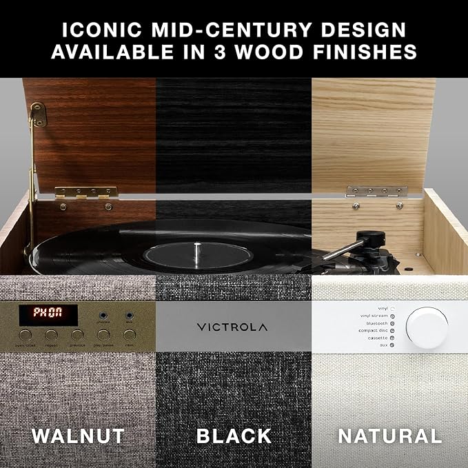 Victrola Century 6-in-1 Vinyl Record Player & Music Center – 3-Speed Turntable, CD & Cassette Player, VINYLSTREAM, Bluetooth & 3.5mm Aux, Record Player with Speakers, Mid Century Design (Walnut)