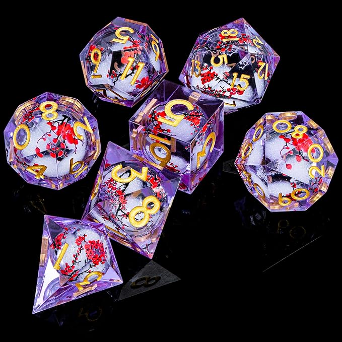 ARUOHHA DND Resin Dice Plum Blossom Liquid Core Golden Purple Sharp Edged Dragons Polyhedral Dice Set with Gift Box, Dungeons D and D Dice Set Role Playing Game D20 D12 D10 D8 D6 D4