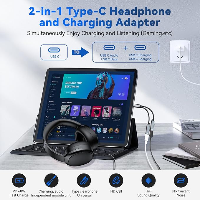 3PCS USB C Headphone Splitter,CCZ CA01 USB C to Type C Headphone Jack and Charger Adapter, 1 in 2 out Dongle Hi-Res DAC Audio Cable with PD 60W Fast Charging for Samsung Galaxy S25 S24 S23 (USBC-USBC)