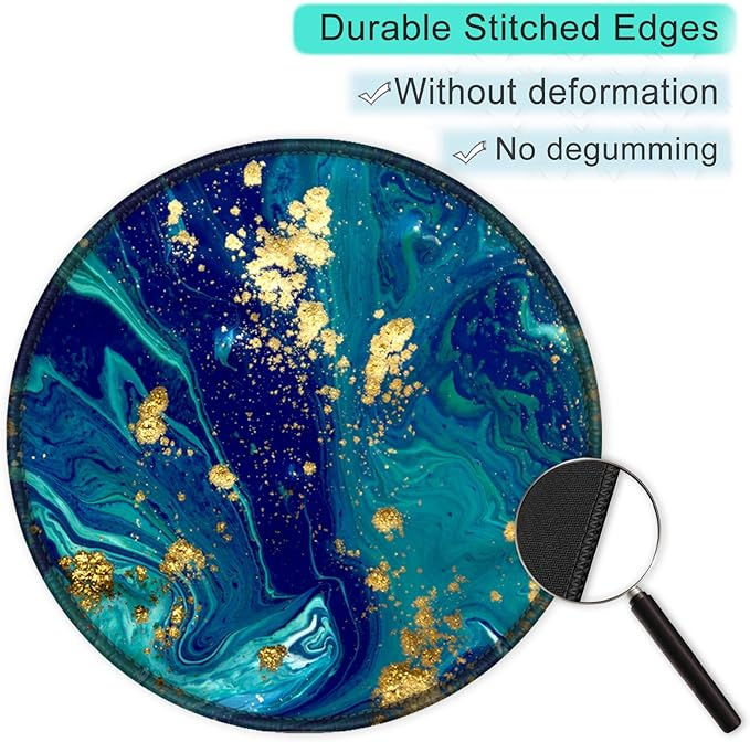 ITNRSIIET Round Mouse Pad with Stitched Edge Premium-Textured Waterproof Non-Slip Rubber Base Desktop Protection Mat Diameter 8.7 inches, Blue Green Marbling