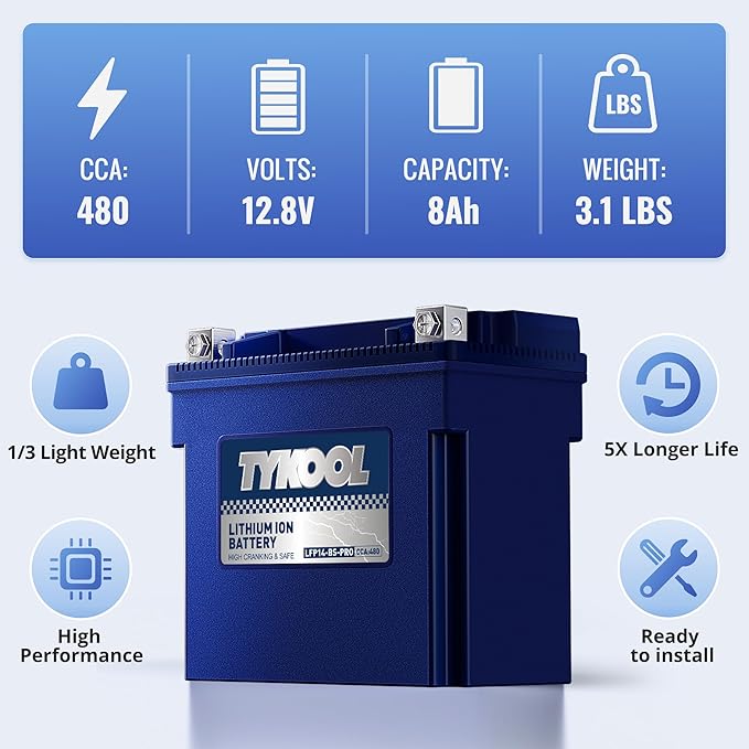 TYKOOL YTX14-BS/YTX14H/GYZ16H High Performance Lithium LiFePO4 Motorcycle Battery,480CCA,12V 8Ah,Fits for ATV,UTV,Jet Ski,Snowmobile,Quad,Tractor,Riding Lawn Mower,Polaris Battery