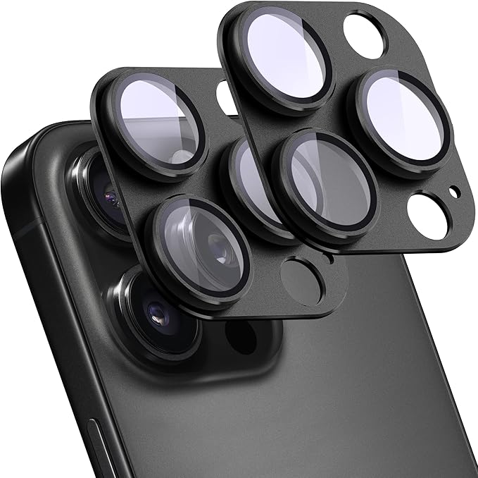 2 Pack Camera Lens Protector for iPhone 15 Pro/iPhone 15 Pro Max,[Not Easy to Breakn ] AR Tempered Glass Strong Adsorption Metal Camera Cover Screen-Black