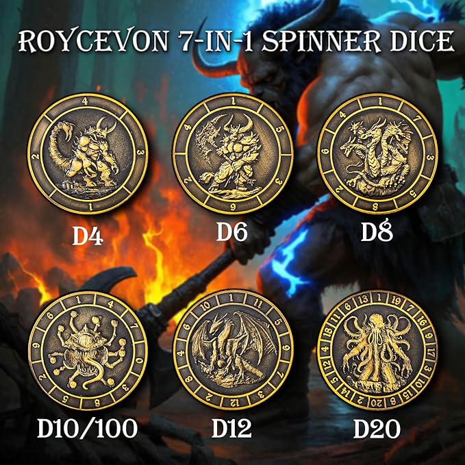 7 in 1 D6 Spinner DND Dice Set D&D, Metal Cube D and D Dice with Gift Box, Dungeons Dragons Role Playing Dice, Black Gold